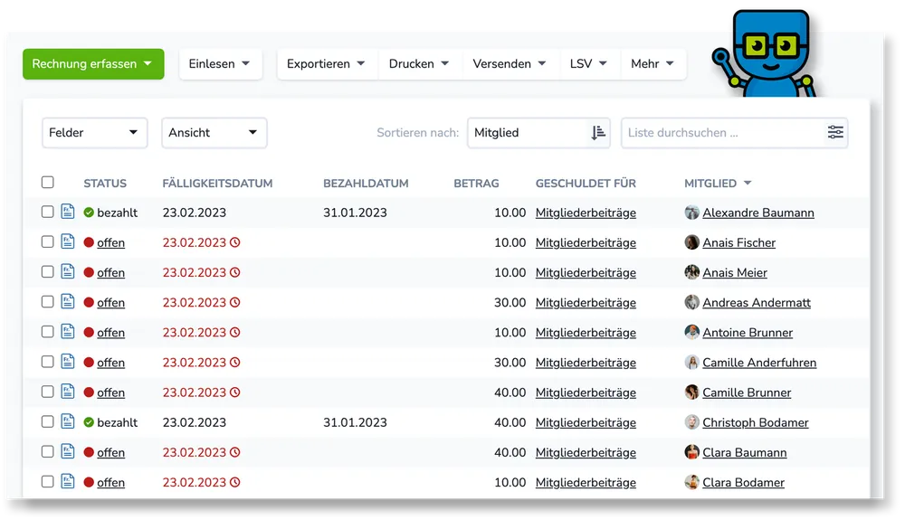 Rechnungen und Beiträge in Webling