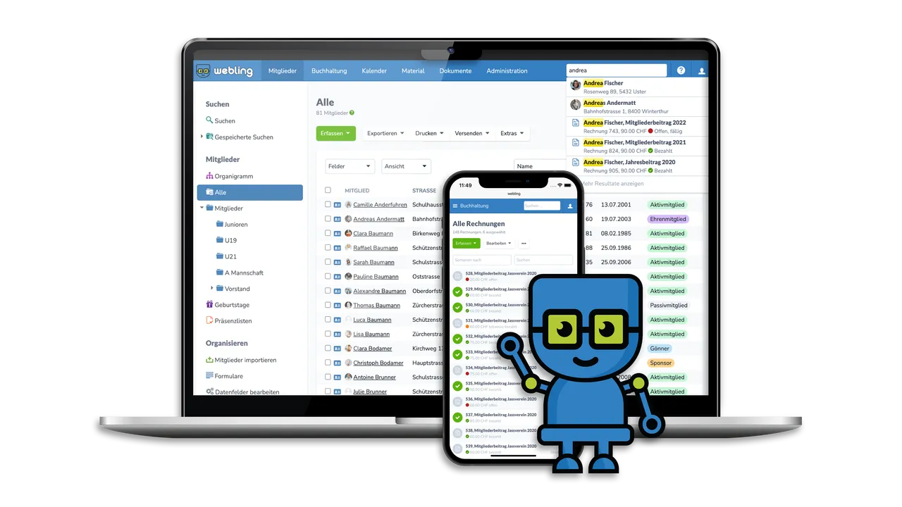 Abbildung der Mitgliederverwaltung von Webling auf Desktop und auf dem Smartphone.